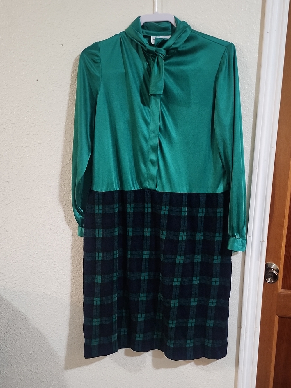 Emerald Green Satin and Blackwatch Plaid Long-Sleeve Dress